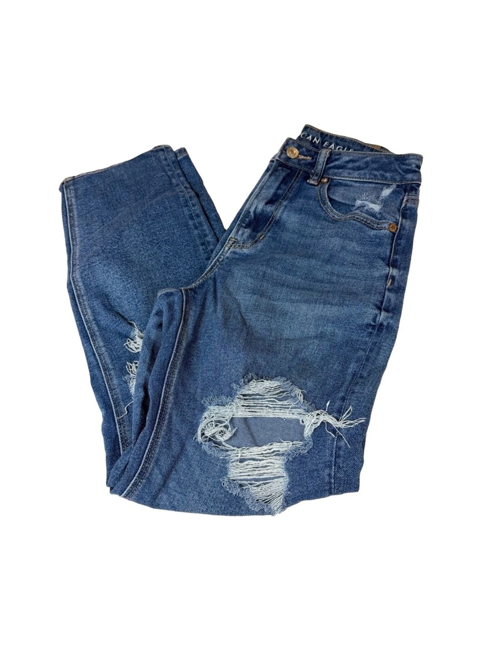 American Eagle Women’s Size 2 Mom Straight Jean Dark Wash Distressed Blue #4309